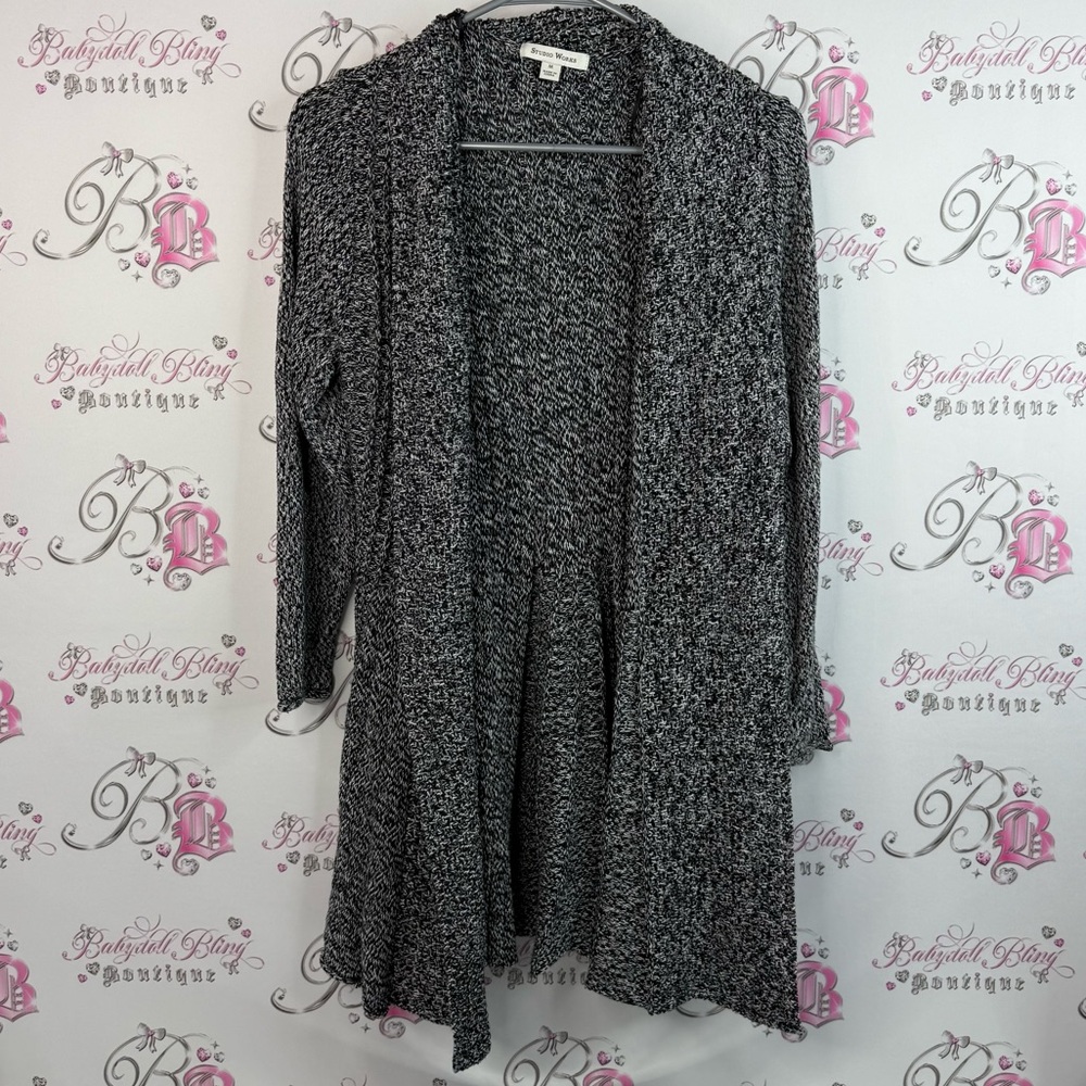 Studio works cardigan long open front waterfall Women's Black and White Sweater